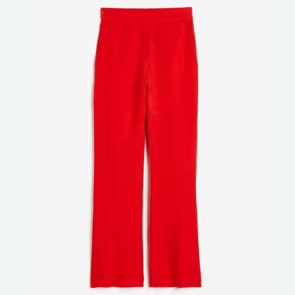 H&M FLARED LINEN-BLEND TROUSERS Red Size 14 High Waist
